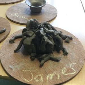 clay spider made by child at worcester city art gallery