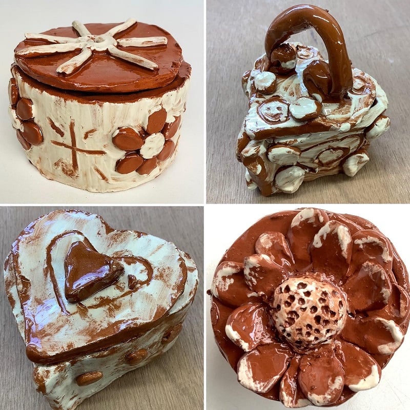 montage of lidded pots made on pottery session for families in half term at eastnor pottery