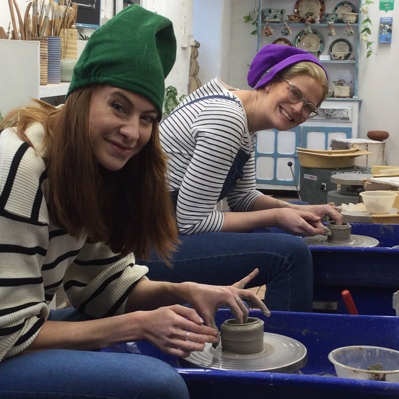 hen party in snow white and the seven dwarf hats at eastnor pottery herefordshire