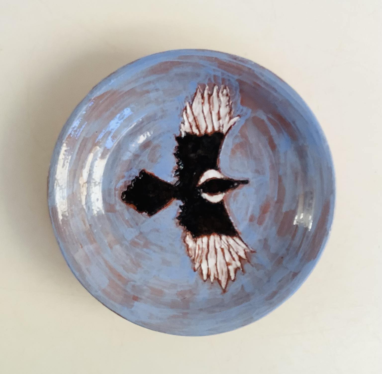 Finished and glazed dish. Decorated with a painted black and white magpie with a blue background. The bird looks like it's flying and the view of it is from above, seeing the wings spread out in flight.
