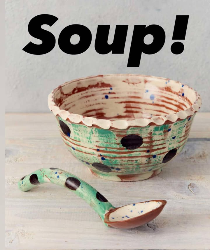 A poster for 'Soup!' A green bowl and spoon set decorated with green paint and black polka dots. The bowl has a white pie-crust rim. This piece is made by Sarah Monk