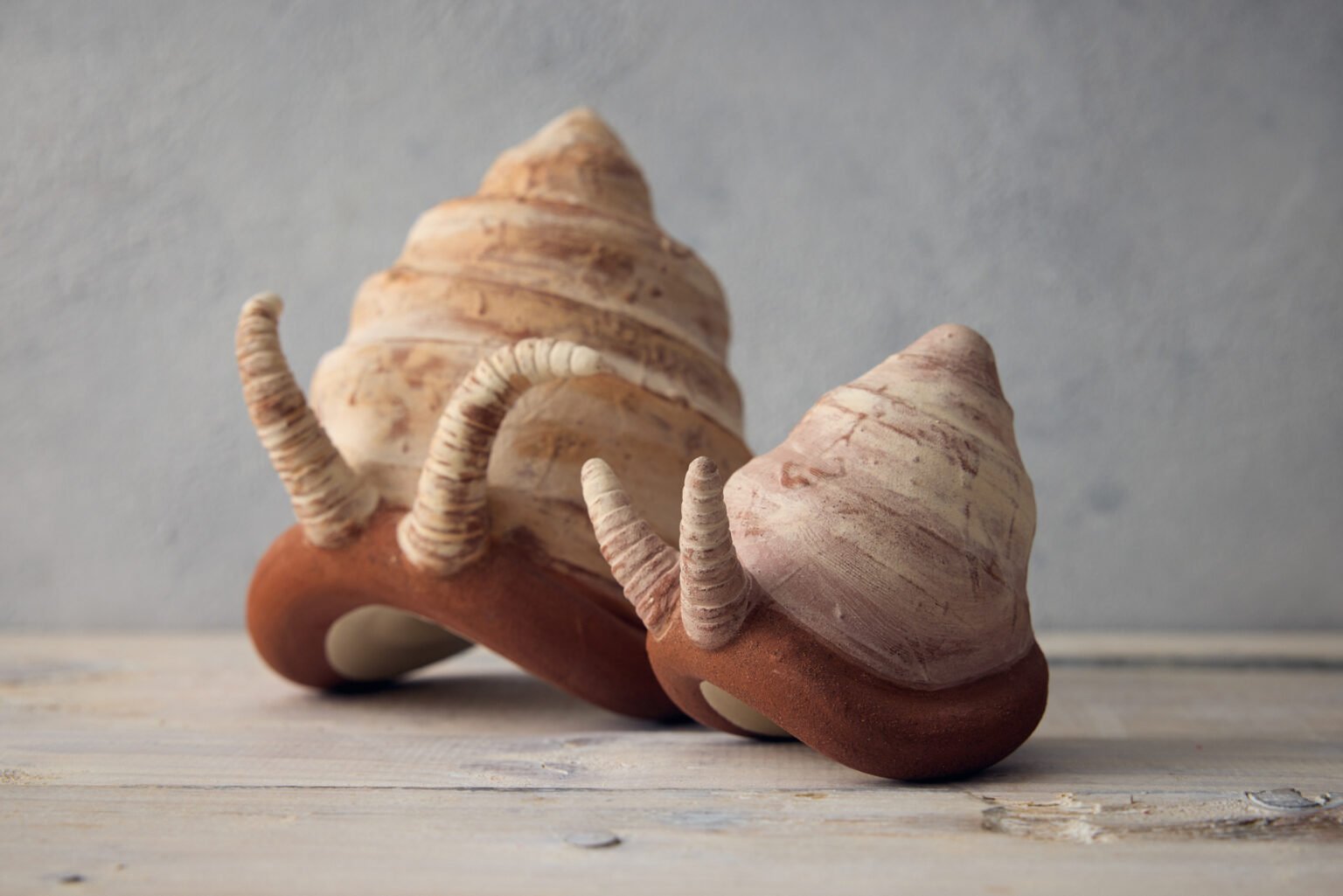 Two rocking ceramic snails, one large one small next to each other on a grey table. The background is grey and the snails are a mixture of mottled creams, terracotta and whites. Both have been made by herefordshire studio potter Jon williams