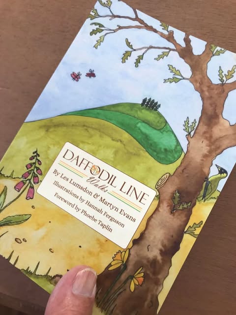 The front cover of a book which says Daffodil Line Walks by Les Lumsdon and Martin Evans. Illustrations by Hannah Ferguson. Forward by Phoebe Taplin. There is a simple and stylised illustration of a hill with three shades of green, in stripes going up the hill and there are 5 trees on the top that look like pine trees. There is a stem of drawn and painted foxgloves to the front left and a simple shaped butterfly above. There is the side of an oak tree and the sky id light blue.