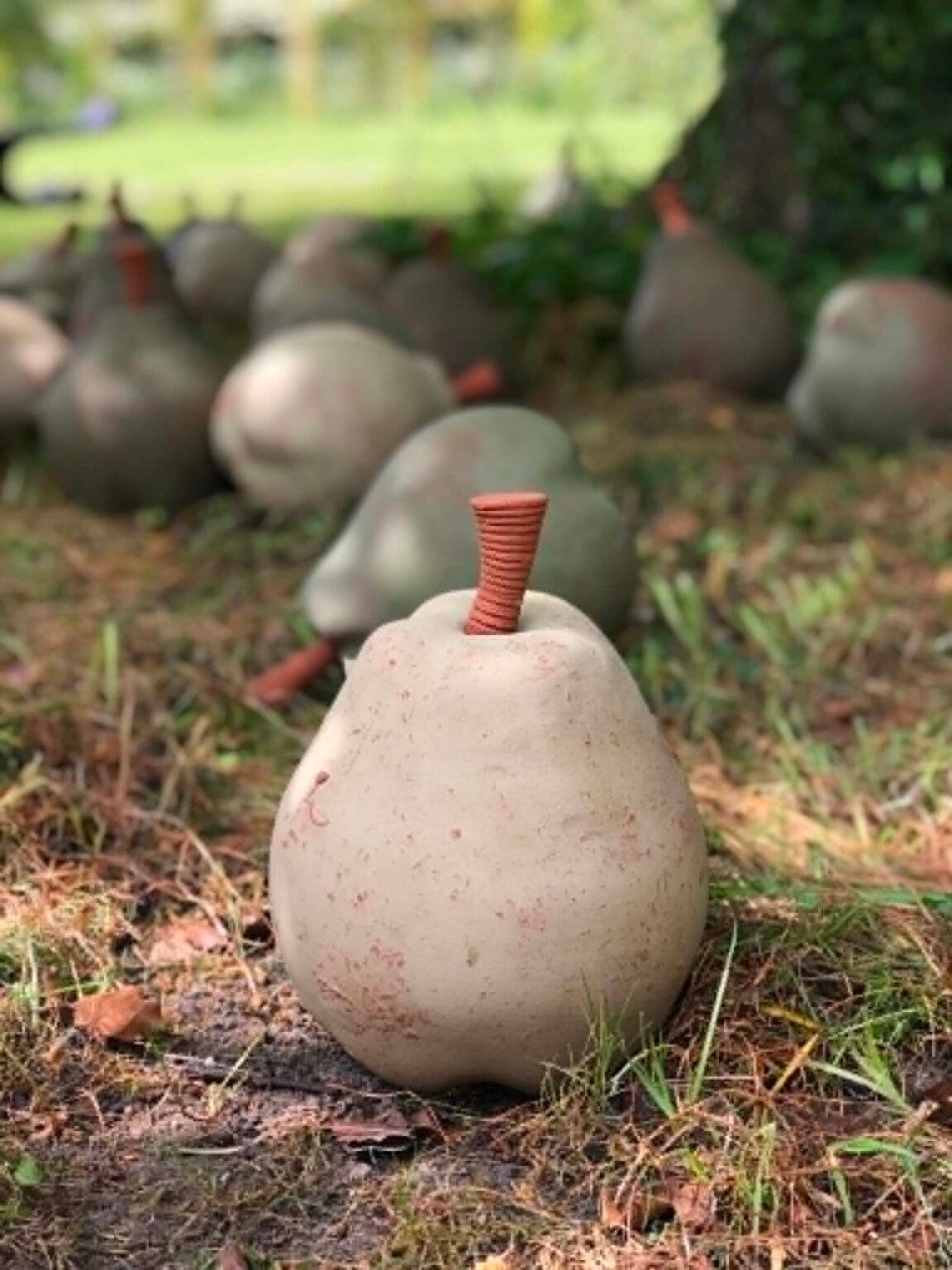 close up of a ceramic pear with terracotta stalk made by ceramic artist jon williams. There are other pears the same size in the background which are blured